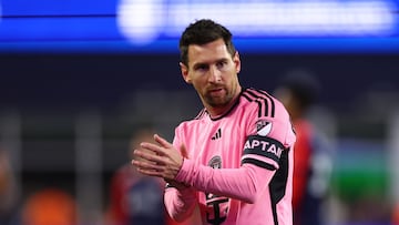 FOXBOROUGH, MASSACHUSETTS - APRIL 27: Lionel Messi #10 of Inter Miami reacts in the game against the New England Revolution during the first half at Gillette Stadium on April 27, 2024 in Foxborough, Massachusetts.   Maddie Meyer/Getty Images/AFP (Photo by Maddie Meyer / GETTY IMAGES NORTH AMERICA / Getty Images via AFP)