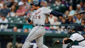 SEATTLE, WA - AUGUST 08: Miguel Cabrera #24 of the Detroit Tigers singles in the first inning against the Seattle Mariners at Safeco Field on August 8, 2016 in Seattle, Washington.   Otto Greule Jr/Getty Images/AFP
 == FOR NEWSPAPERS, INTERNET, TELCOS &amp; TELEVISION USE ONLY ==