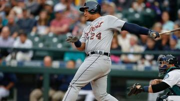 SEATTLE, WA - AUGUST 08: Miguel Cabrera #24 of the Detroit Tigers singles in the first inning against the Seattle Mariners at Safeco Field on August 8, 2016 in Seattle, Washington. Otto Greule Jr/Getty Images/AFP
== FOR NEWSPAPERS, INTERNET, TELCOS & TELEVISION USE ONLY ==