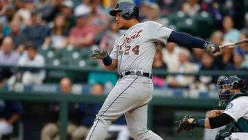 SEATTLE, WA - AUGUST 08: Miguel Cabrera #24 of the Detroit Tigers singles in the first inning against the Seattle Mariners at Safeco Field on August 8, 2016 in Seattle, Washington.   Otto Greule Jr/Getty Images/AFP
 == FOR NEWSPAPERS, INTERNET, TELCOS &amp; TELEVISION USE ONLY ==