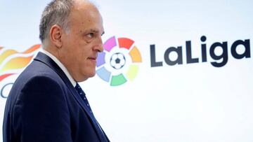 GRAF516. MADRID, 18/01/2019.- El presidente de LaLiga Javier Tebas durante la firma de un acuerdo de colaboración con el presidente de la Superliga Li Yuyi para desarrollar y potenciar el futbol este viernes en Madrid . EFE/Zipi