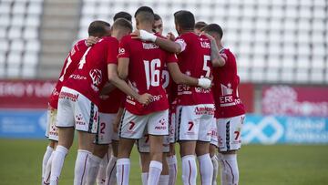 Carrillo, en el centro, celebra su gol 1-0, Real Murcia vs Lorca Deportiva, 2 Division b, Grupo 4B, Jornada 13, Estadio Enrique Roca, Murcia, 07/02/2021,