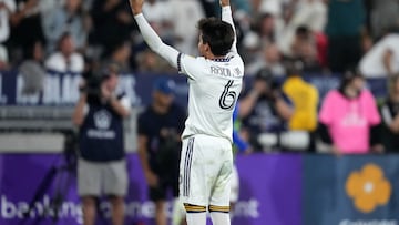 Jul 4, 2023; Los Angeles, California, USA; LA Galaxy midfielder Riqui Puig (6) celebrates after scoring a goal against the LAFC in the second half at the Rose Bowl. Mandatory Credit: Kirby Lee-USA TODAY Sports