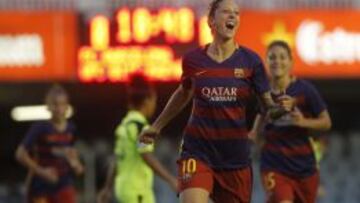 Jenni Hermoso celebra el primer gol del Barça en la goleada ante el Kazygurt.