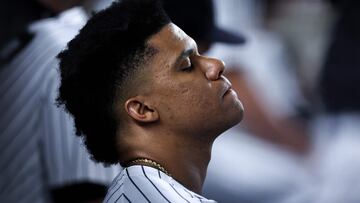 NEW YORK, NEW YORK - SEPTEMBER 10: Juan Soto #22 of the New York Yankees looks no from the dugout during the ninth inning of the game against the Kansas City Royals at Yankee Stadium on September 10, 2024 in New York City. Dustin Satloff/Getty Images/AFP (Photo by Dustin Satloff / GETTY IMAGES NORTH AMERICA / Getty Images via AFP)