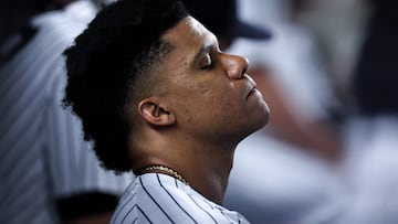 NEW YORK, NEW YORK - SEPTEMBER 10: Juan Soto #22 of the New York Yankees looks no from the dugout during the ninth inning of the game against the Kansas City Royals at Yankee Stadium on September 10, 2024 in New York City. Dustin Satloff/Getty Images/AFP (Photo by Dustin Satloff / GETTY IMAGES NORTH AMERICA / Getty Images via AFP)