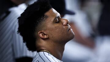 NEW YORK, NEW YORK - SEPTEMBER 10: Juan Soto #22 of the New York Yankees looks no from the dugout during the ninth inning of the game against the Kansas City Royals at Yankee Stadium on September 10, 2024 in New York City. Dustin Satloff/Getty Images/AFP (Photo by Dustin Satloff / GETTY IMAGES NORTH AMERICA / Getty Images via AFP)