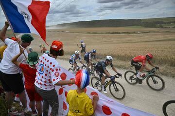 El pelotón de ciclistas recorre en bicicleta el sector de grava "Chemin Blanc" de Bligny au Bergères durante la novena etapa de la 111ª edición de la carrera ciclista del Tour de Francia.