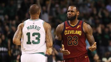 BOSTON, MA - MAY 13: LeBron James #23 of the Cleveland Cavaliers reacts against the Boston Celtics during the third quarter in Game One of the Eastern Conference Finals of the 2018 NBA Playoffs at TD Garden on May 13, 2018 in Boston, Massachusetts. Madd