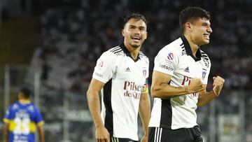 Futbol, Colo Colo vs Everton.
 Fecha 1, campeonato Nacional 2022.
 El jugador de Colo Colo Alexander Oroz, derecha, celebra su gol con sus companeros contra Everton durante el partido de primera division disputado en el estadio Monumental de Santiago, Chi