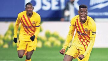 Ilaix celebra su primer gol oficial con la camiseta del Bar&ccedil;a en el partido ante Osasuna.