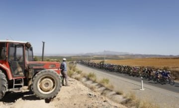 El pelotón durante la quinta etapa de La Vuelta Ciclista a España 2014 en su 69 edición, de 183,3 kilómetros, que ha comenzado en el municipio cordobés de Priego de Córdoba y termina en la localidad malagueña de Ronda. 
