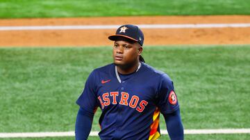 Houston Astros starting pitcher Framber Valdez (59) reacts after the fourth inning against the Texas Rangers at Globe Life Field.