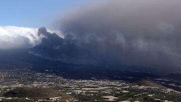 GRAFCAN6233. TIJARAFE (LA PALMA), 07/11/2021.- La erupción de La Palma ha cumplido este domingo 50 días desde su comienzo y, a pesar de que en las últimas jornadas parecía que iba a menos, los científicos se han encargado de poner a todo el mundo los pies en el suelo: no ha terminado y no hay indicios para determinar cuándo será su final. El 19 de septiembre a las 15:13 horas local la tierra se abrió en una zona de El Paso conocida como Cabeza de Vaca, en el sistema de Cumbre Vieja, y entonces nada hacía prever que 50 días después la erupción seguiría activa ni los destrozos iba a provocar.Desde entonces hasta hoy, las coladas de lava cubren 992 hectáreas y ha afectado a 2.719 edificaciones, la mayoría de ellas destruidas. En la imagen, el volcán y la gran nube de ceniza desde el mirador de El Time, en Tijarafe.. EFE/ Elvira Urquijo A.