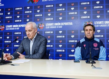 Pablo Sánchez junto a Felipe Miñambres durante la rueda de prensa institucional por parte del Levante. 