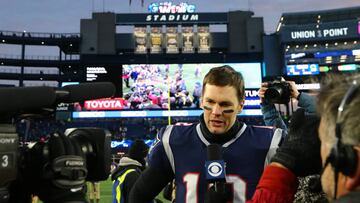 FOXBOROUGH, MASSACHUSETTS - JANUARY 13: Tom Brady #12 of the New England Patriots is interviewed following in the AFC Divisional Playoff Game against the Los Angeles Dodgers at Gillette Stadium on January 13, 2019 in Foxborough, Massachusetts. Maddie Meyer/Getty Images/AFP
== FOR NEWSPAPERS, INTERNET, TELCOS & TELEVISION USE ONLY ==