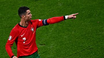 Portugal's forward #07 Cristiano Ronaldo reacts during the UEFA Euro 2024 Group F football match between Portugal and the Czech Republic at the Leipzig Stadium in Leipzig on June 18, 2024. (Photo by GABRIEL BOUYS / AFP)
