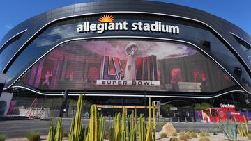 Feb 7, 2024; Las Vegas, NV, USA; A general overall view of Allegiant Stadium, the site of Super Bowl 58 between San Francisco 49ers and the Kansas City Chiefs. Mandatory Credit: Kirby Lee-USA TODAY Sports