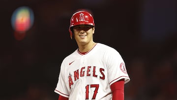 ANAHEIM, CALIFORNIA - SEPTEMBER 30: Shohei Ohtani #17 of the Los Angeles Angels reacts while on third base during a game against the Texas Rangers in the first inning at Angel Stadium of Anaheim on September 30, 2022 in Anaheim, California.   Michael Owens/Getty Images/AFP