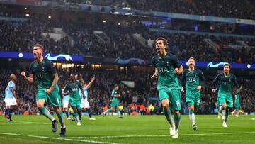 MANCHESTER, ENGLAND - APRIL 17: Fernando Llorente of Tottenham Hotspur celebrates scoring his teams third goal during the UEFA Champions League Quarter Final second leg match between Manchester City and Tottenham Hotspur at Etihad Campus on April 17, 2019