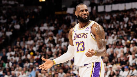 Apr 20, 2024; Denver, Colorado, USA; Los Angeles Lakers forward LeBron James (23) reacts during the first quarter against the Denver Nuggets in game one of the first round for the 2024 NBA playoffs at Ball Arena. Mandatory Credit: Andrew Wevers-USA TODAY Sports
