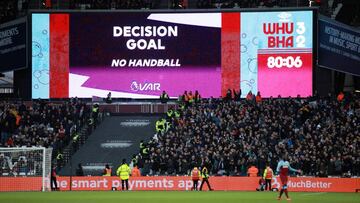 West Ham United v Brighton &amp; Hove Albion - London Stadium, London, Britain - February 1, 2020  General view as the big screen displays the VAR decision to allow the goal scored by Brighton &amp; Hove Albion&#039;s Glenn Murray   