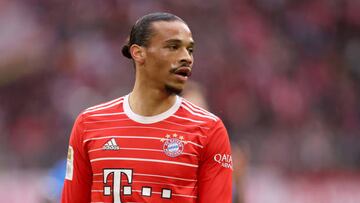 MUNICH, GERMANY - APRIL 15: Leroy Sane of FC Bayern Munich looks on during the Bundesliga match between FC Bayern M¨¹nchen and TSG Hoffenheim at Allianz Arena on April 15, 2023 in Munich, Germany. (Photo by Adam Pretty/Getty Images)