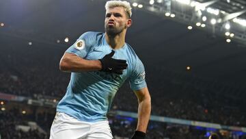 Manchester City's Argentinian striker Sergio Aguero celebrates after scoring the opening goal of the English Premier League football match between Manchester City and Liverpool at the Etihad Stadium in Manchester, north west England, on January 3, 20