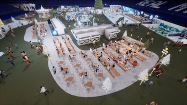 Mercadillo con multitud de merchandising y zonas de restauración.