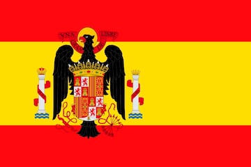 Tras la victoria fascista, se instauró oficialmente de nuevo la bandera bicolor con el Águila de San Juan, símbolo de los Reyes Católicos, que se modificó en dos ocasiones, en 1945 y en 1977.