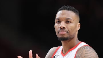 Jan 18, 2018; Portland, OR, USA;  Portland Trail Blazers guard Damian Lillard (0) rubs his hands before Portland takes on Indiana Pacers at Moda Center. Mandatory Credit: Jaime Valdez-USA TODAY Sports