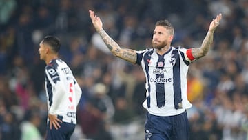 Monterrey's Spanish defender #93 Sergio Ramos (R) celebrates after his team's second goal during the Liga MX Apertura quarter-final first leg football match between Monterrey and America at the BBVA Stadium in Monterrey, Nuevo Leon state, Mexico, on November 26, 2025. (Photo by Julio Cesar AGUILAR / AFP)