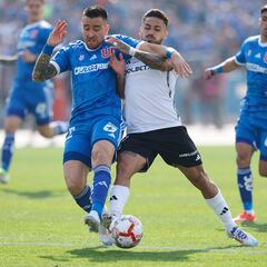 Futbol, Universidad de Chile vs Colo Colo.
Fecha 19, Campeonato Nacional 2024.
El jugador de Colo Colo Marcos Bolados, derecha, disputa el balon contra Matias Zaldivia de Universidad de Chile durante el partido de primera division disputado en el estadio Nacional en Santiago, Chile.
10/08/2024
Pepe Alvujar/Photosport
Football, Universidad de Chile vs Colo Colo.
19th turn, 2024 National Championship.
Colo Colo's player Marcos Bolados, right, vies the ball against Matias Zaldivia of Universidad de Chile during the first division match held at the Nacional stadium in Santiago, Chile.
10/08/2024
Pepe Alvujar/Photosport