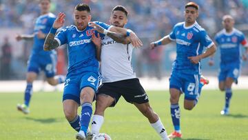Futbol, Universidad de Chile vs Colo Colo.
Fecha 19, Campeonato Nacional 2024.
El jugador de Colo Colo Marcos Bolados, derecha, disputa el balon contra Matias Zaldivia de Universidad de Chile durante el partido de primera division disputado en el estadio Nacional en Santiago, Chile.
10/08/2024
Pepe Alvujar/Photosport
Football, Universidad de Chile vs Colo Colo.
19th turn, 2024 National Championship.
Colo Colo's player Marcos Bolados, right, vies the ball against Matias Zaldivia of Universidad de Chile during the first division match held at the Nacional stadium in Santiago, Chile.
10/08/2024
Pepe Alvujar/Photosport