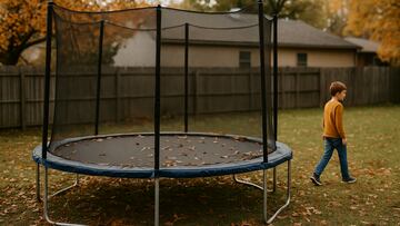A lonely trampoline in a backyard