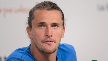 Germany's Alexander Zverev reacts as he addresses a press conference on day five of the French Open tennis tournament at the Roland Garros Complex in Paris on May 30, 2024. (Photo by Bertrand GUAY / AFP)