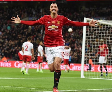 Manchester United's Zlatan Ibrahimovic celebrates after scoring against Southampton during the English Football League cup final soccer match at Wembley Stadium in London, Britain, 26 February 2017.