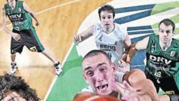 <b>ENTREGA. </b>Hervelle disputa un rebote que controla Flis para el DKV Joventut.