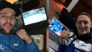 Urs Kastelic y Tilen Kodrin siguen por ordenador y en habitaciones separadas el partido de sus compañeros de Eslovenia en el Mundial de Balonmano de Egipto.