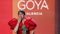 Spanish actress Blanca Portillo receives the best actress award for her role in "Maixabel" at the 36th Goya awards ceremony at the Palau de les Arts in Valencia, on February 12, 2022. (Photo by JOSE JORDAN / AFP) (Photo by JOSE JORDAN/AFP via Getty Images)