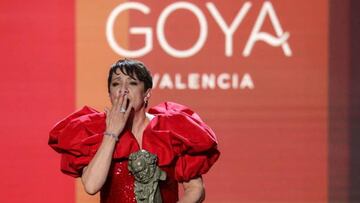 Spanish actress Blanca Portillo receives the best actress award for her role in "Maixabel" at the 36th Goya awards ceremony at the Palau de les Arts in Valencia, on February 12, 2022. (Photo by JOSE JORDAN / AFP) (Photo by JOSE JORDAN/AFP via Getty Images)