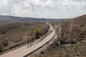 El pelotón durante la decimosegunda etapa de La Vuelta que se disputa entre Ólvega y Zaragoza de 151 km de recorrido.