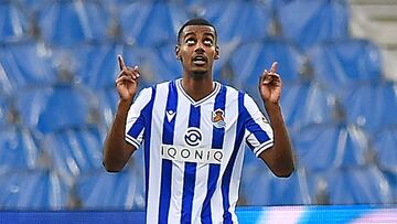 Real Sociedad's Swedish forward Alexander Isak celebrates his third goal during the Spanish league football match between Real Sociedad and Deportivo Alaves at the Anoeta stadium in San Sebastian on February 21, 2021. (Photo by ANDER GILLENEA / AFP)