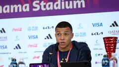DOHA, QATAR - DECEMBER 04: Kylian Mbappe of France speaks to the media in the post match press conference after the team's victory during the FIFA World Cup Qatar 2022 Round of 16 match between France and Poland at Al Thumama Stadium on December 04, 2022 in Doha, Qatar. (Photo by Maja Hitij - FIFA/FIFA via Getty Images)
