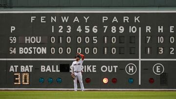 Oct 20, 2021; Boston, Massachusetts, USA; Boston Red Sox left fielder Alex Verdugo (99) stands in front of the Green Monster scoreboard during the ninth inning of game five of the 2021 ALCS against the Houston Astros at Fenway Park. Mandatory Credit: Bob