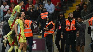 Spain's midfielder Fabian Ruiz (front 2ndL) celebrates after scoring a goal during the UEFA Nations League football match between Switzerland and Spain at Geneva stadium in Geneva, on September 8, 2024. (Photo by Fabrice COFFRINI / AFP)