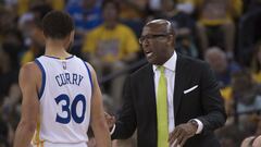 May 2, 2017; Oakland, CA, USA; Golden State Warriors assistant coach Mike Brown (right) instructs guard Stephen Curry (30) during the third quarter in game one of the second round of the 2017 NBA Playoffs against the Utah Jazz at Oracle Arena. The Warriors defeated the Jazz 106-94. Mandatory Credit: Kyle Terada-USA TODAY Sports