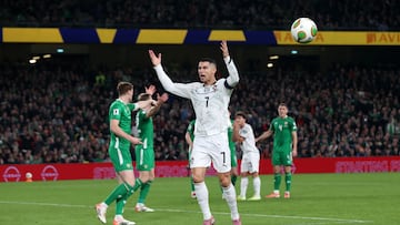 Portugal's forward Cristiano Ronaldo reacts during the men's football 2026 World Cup Group F qualifier between Ireland and Portugal at Aviva Stadium in Dublin on November 13, 2025. (Photo by Paul Faith / AFP)