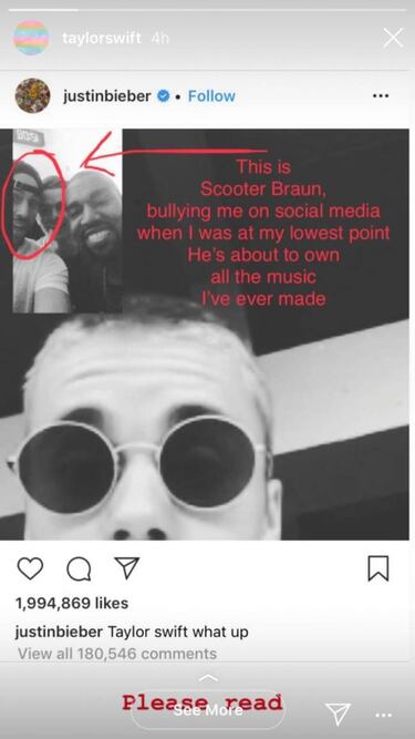 Justin Bieber defiende a Scooter Braun de críticas de Taylor Swift