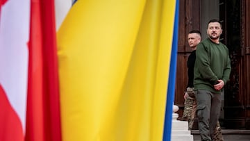 Ukraine's President Volodymyr Zelenskiy looks on, as he says goodbye to Denmark's Prime Minister Mette Frederiksen (not pictured) at Potocki Palace in Lviv, Ukraine February 23, 2024. Ritzau Scanpix/Mads Claus Rasmussen via REUTERS ATTENTION EDITORS - THIS IMAGE WAS PROVIDED BY A THIRD PARTY. DENMARK OUT. NO COMMERCIAL OR EDITORIAL SALES IN DENMARK.